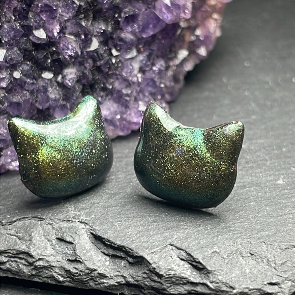 Custom Elegant Green Cat Hand Made Stud Post Earrings - Picture 8 of 11
